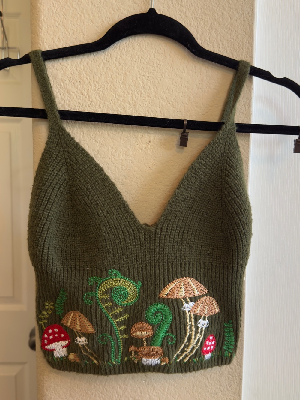 Olive Green Knit Mushroom Embroidered Crop Tank